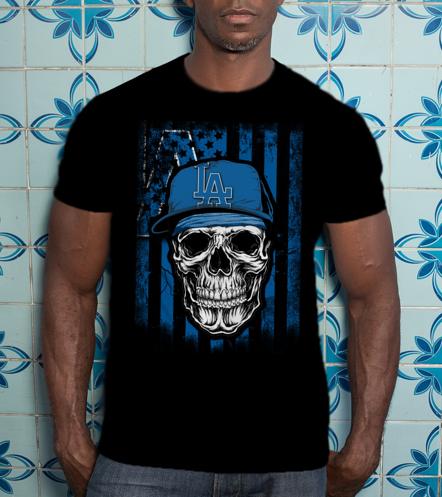 Skull Los Angeles Dodgers Baseball Cap Blue Stripes Stars T-Shirt