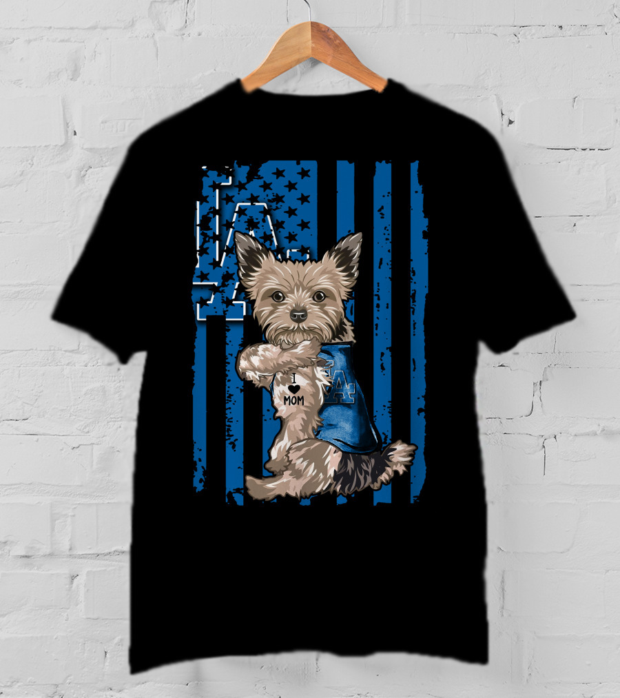 Yorkshire Terrier I Love Mom Los Angeles Dodgers Blue Stars Stripes T-Shirt