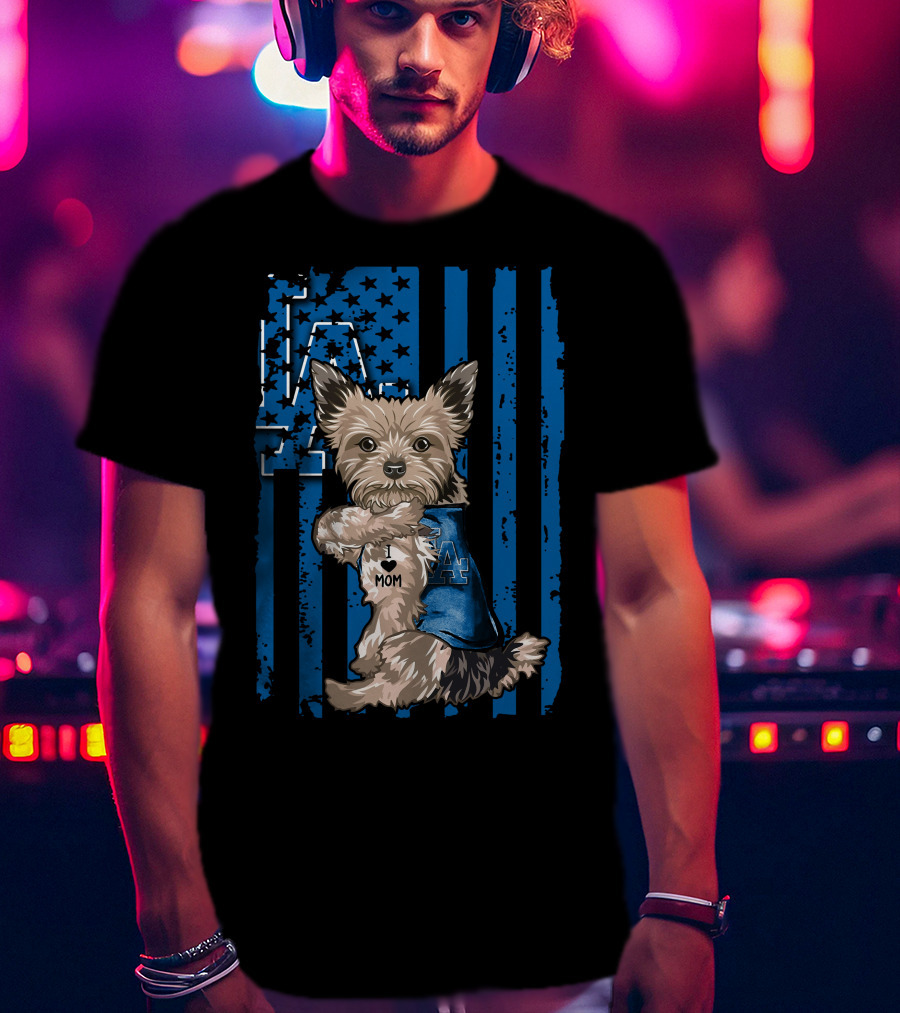 Yorkshire Terrier I Love Mom Los Angeles Dodgers Blue Stars Stripes T-Shirt