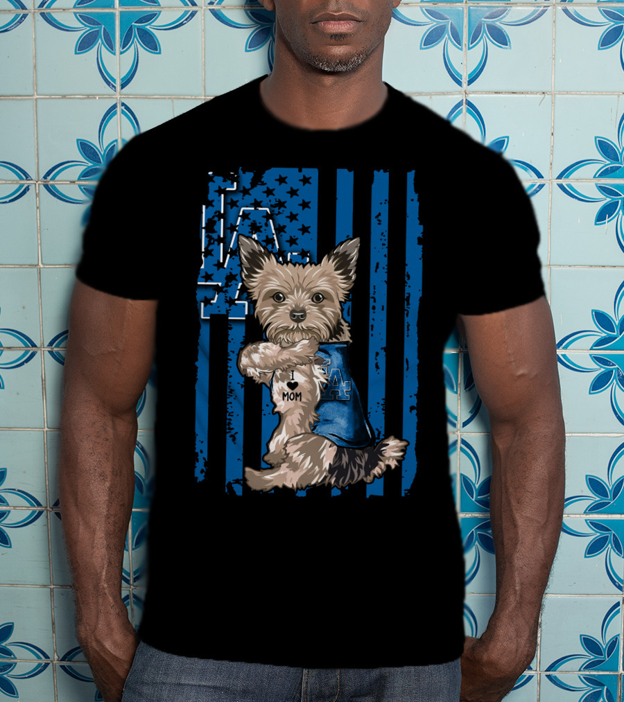 Yorkshire Terrier I Love Mom Los Angeles Dodgers Blue Stars Stripes T-Shirt