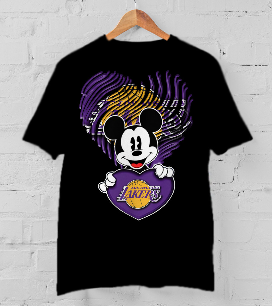 Mick Mouse Los Angeles Lakers Basketball Team Logo Handprint Heart T-Shirt