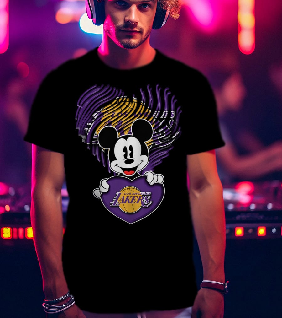 Mick Mouse Los Angeles Lakers Basketball Team Logo Handprint Heart T-Shirt