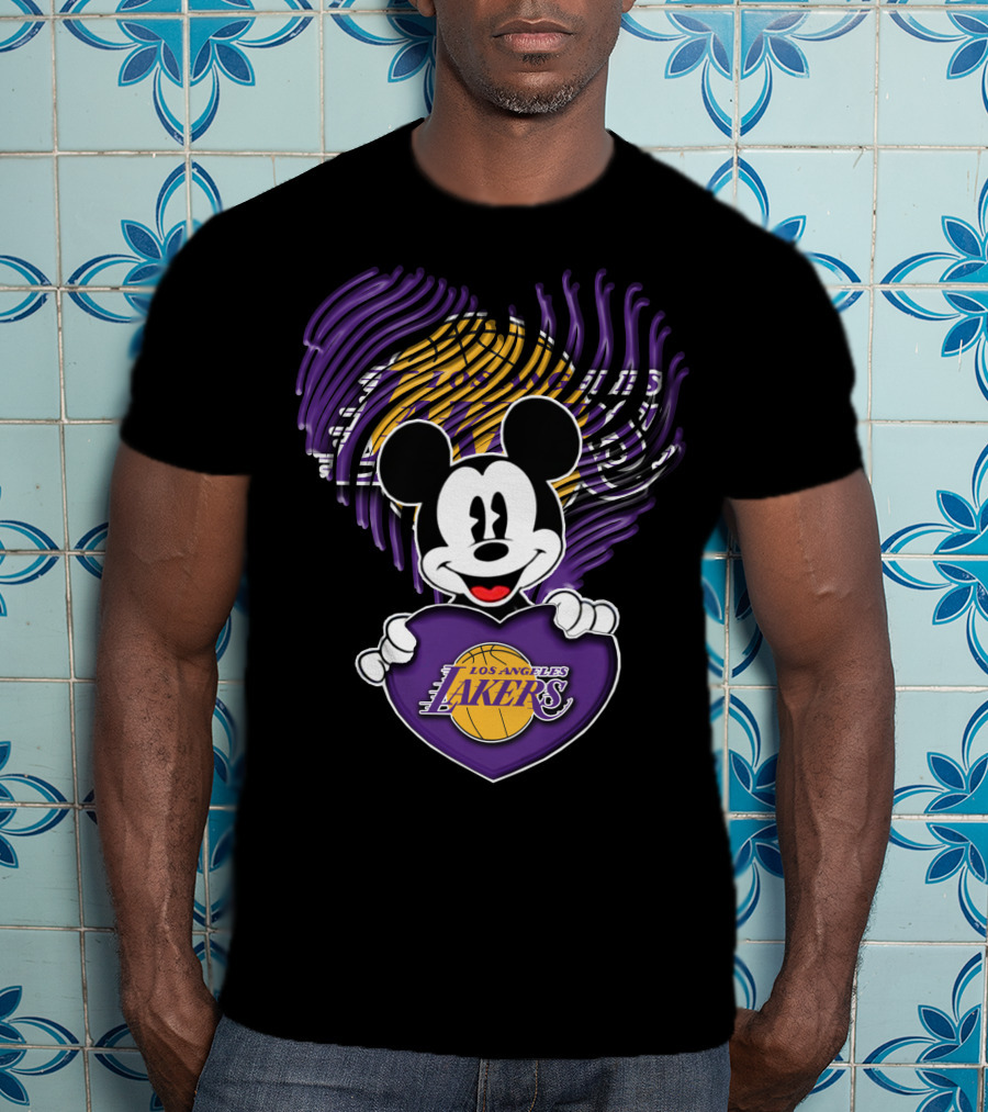 Mick Mouse Los Angeles Lakers Basketball Team Logo Handprint Heart T-Shirt