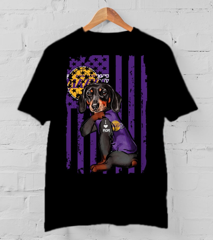 Dachshund I Love Mom Los Angeles Lakers Purple Basketball Team Fan T-Shirt