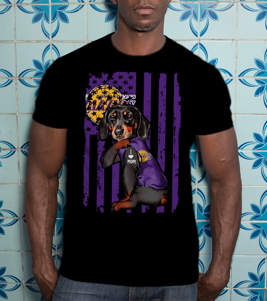 Dachshund I Love Mom Los Angeles Lakers Purple Basketball Team Fan T-Shirt