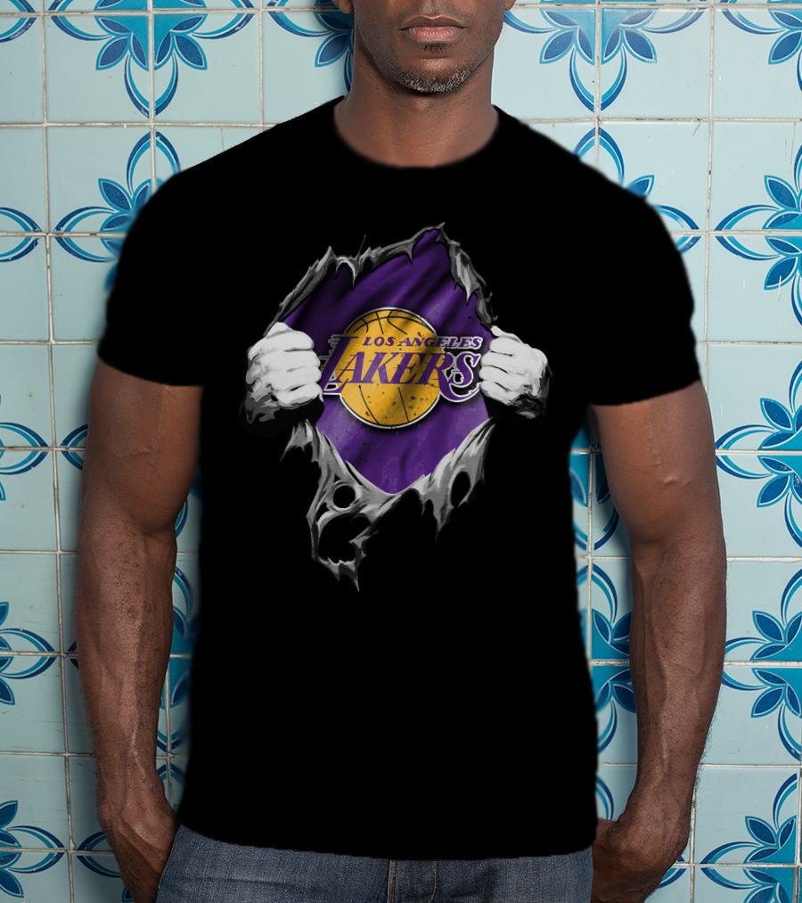 Torn Los Angeles Lakers Logo With Basketball And Hands T-Shirt
