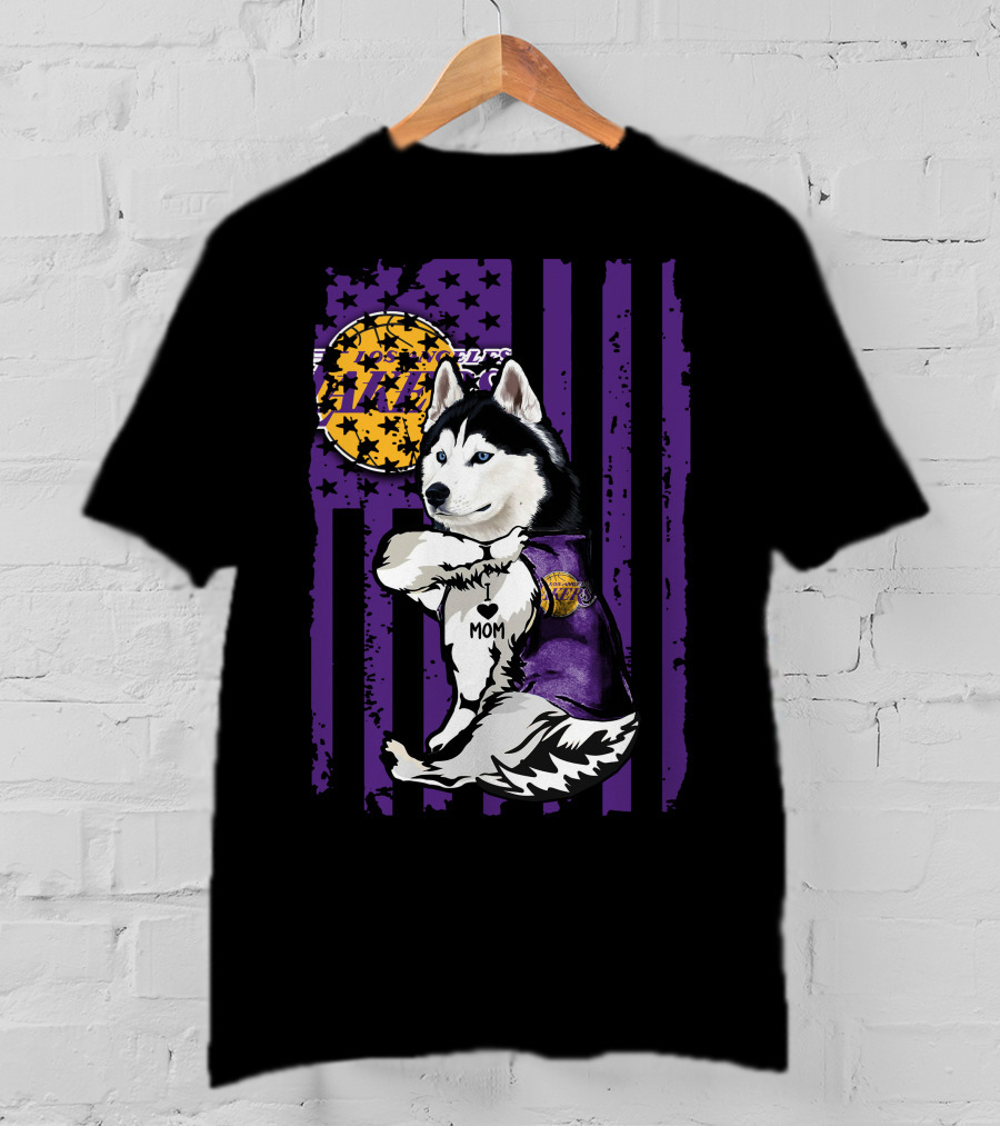 Siberian Husky Mom Los Angeles Lakers Fan With Purple American Flag Background T-Shirt