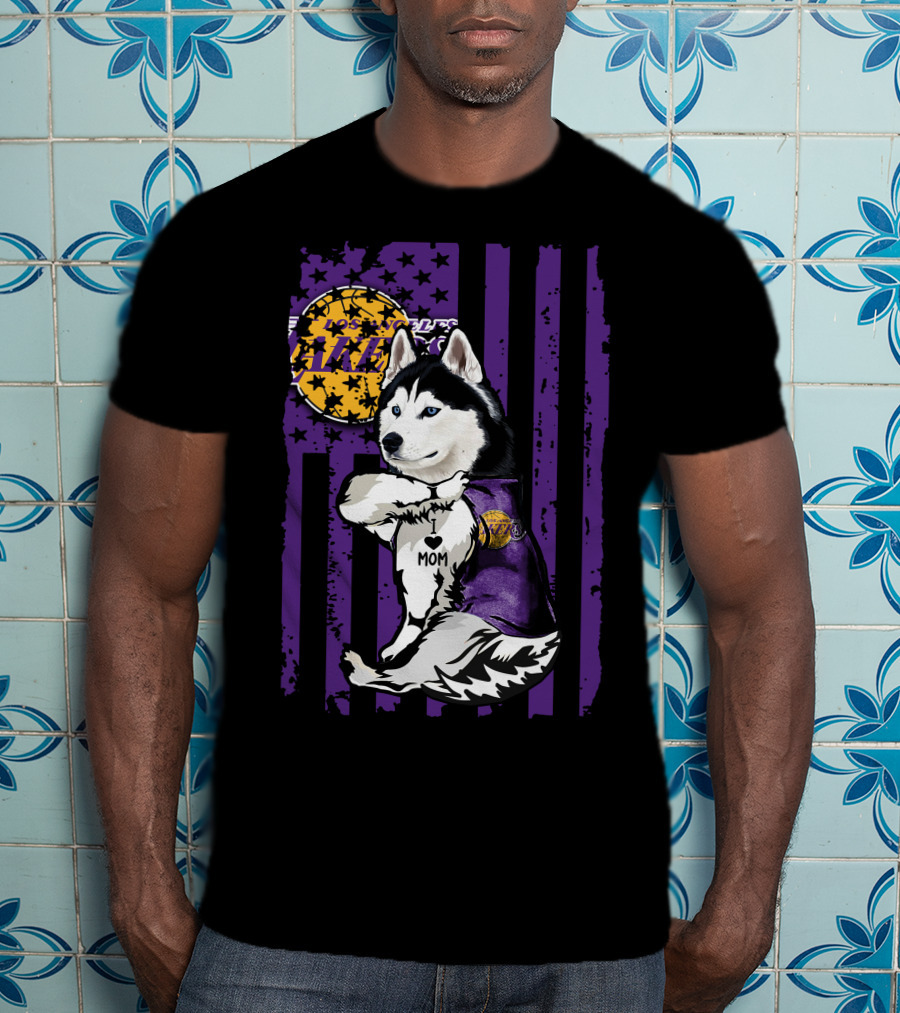 Siberian Husky Mom Los Angeles Lakers Fan With Purple American Flag Background T-Shirt