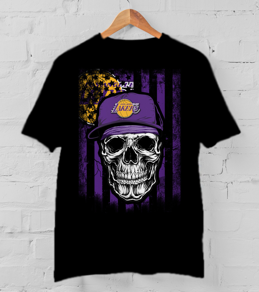 Los Angeles Lakers Skull Cap Bold Gothic T-Shirt