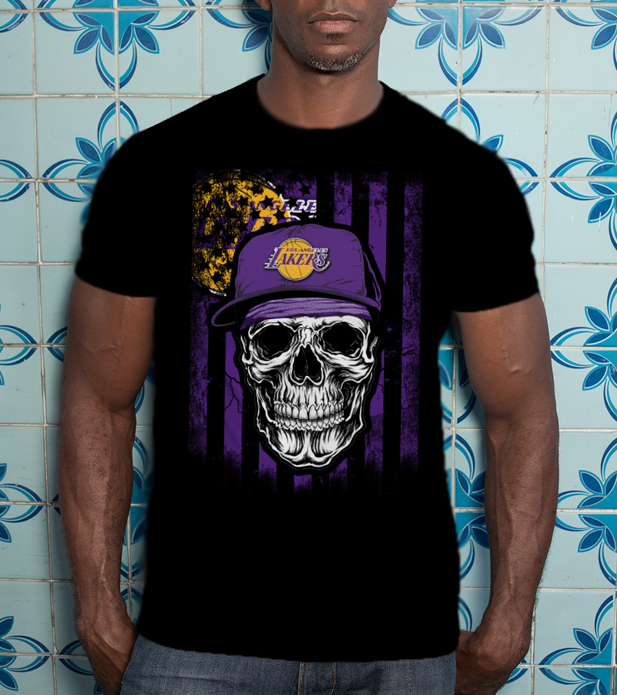 Los Angeles Lakers Skull Cap Bold Gothic T-Shirt