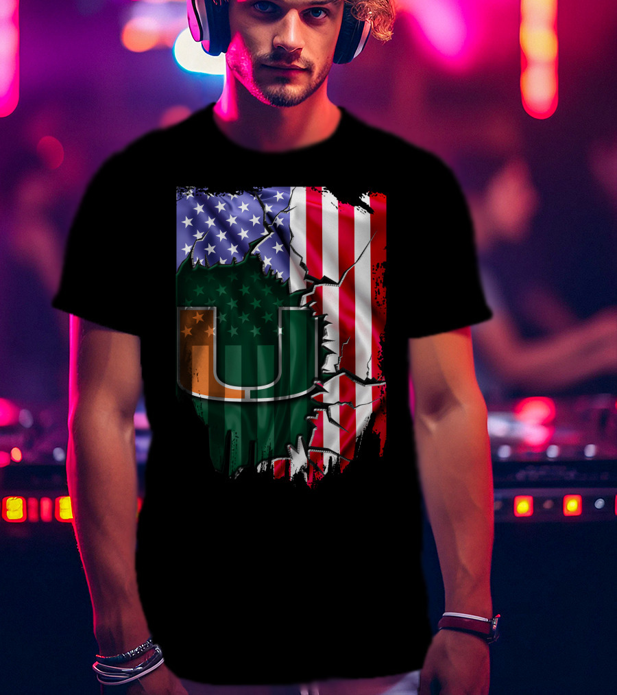 Flag Miami Hurricanes University U Patriotic USA Flag T-Shirt