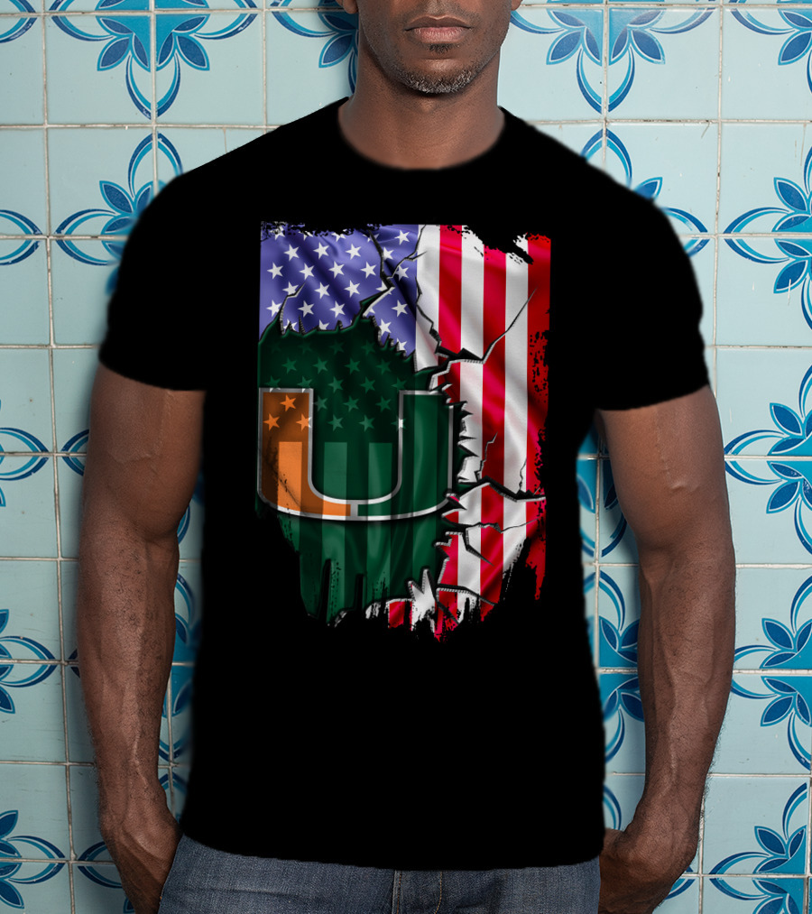 Flag Miami Hurricanes University U Patriotic USA Flag T-Shirt