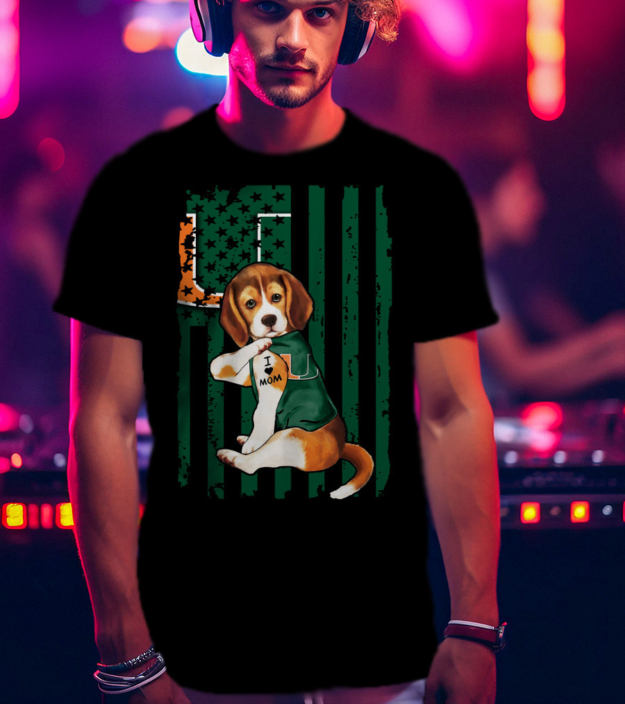 Beagle Miami Hurricanes I Love Mom Football Fan Mascot T-Shirt