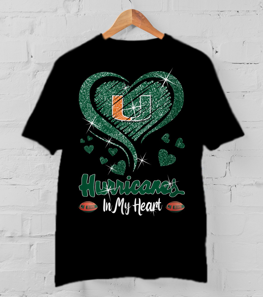 Hurricanes In My Heart Miami U Logo Football Sparkle Hearts T-Shirt