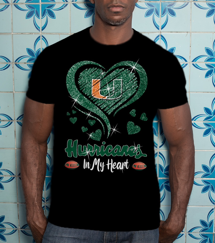 Hurricanes In My Heart Miami U Logo Football Sparkle Hearts T-Shirt