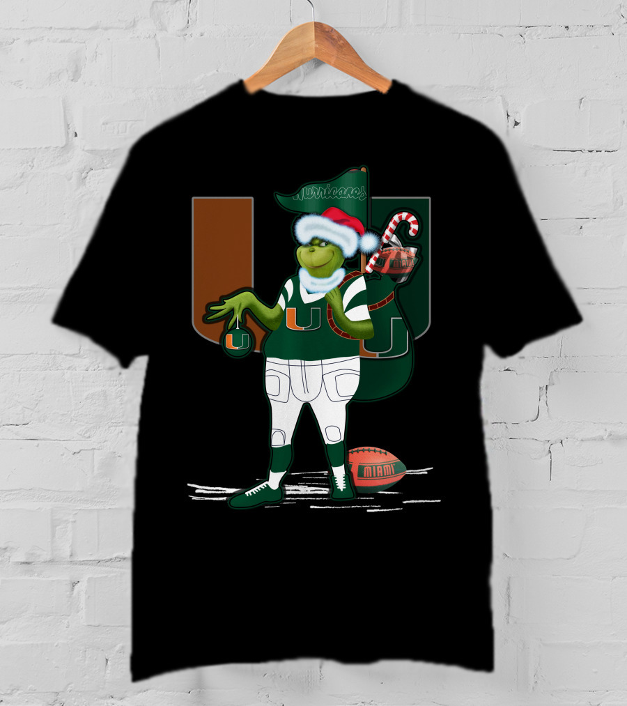 Grinchxmas Miami Hurricanes Festive Football Santa Grinch With Logo And Candy Cane Sack T-Shirt