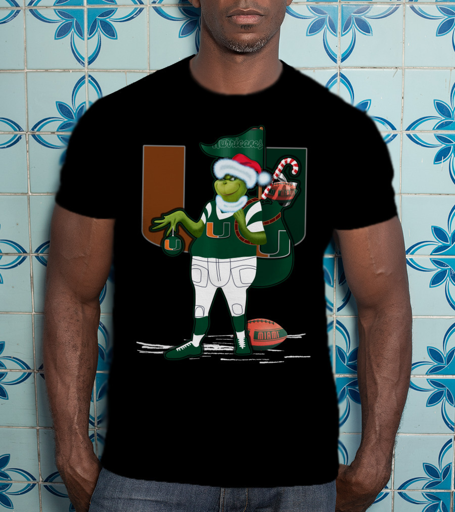 Grinchxmas Miami Hurricanes Festive Football Santa Grinch With Logo And Candy Cane Sack T-Shirt