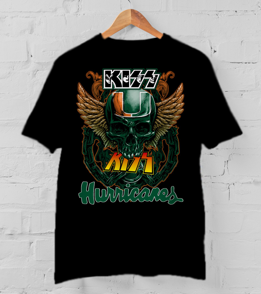 Kiss Miami Hurricanes Skull Winged Helmet Logo Collaboration T-Shirt
