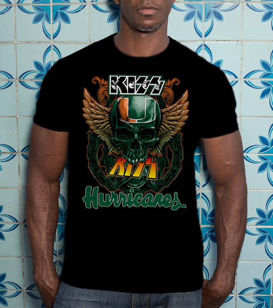 Kiss Miami Hurricanes Skull Winged Helmet Logo Collaboration T-Shirt