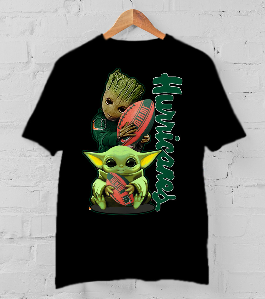 Grzd Miami Hurricanes Baby Yoda Groot Football T-Shirt