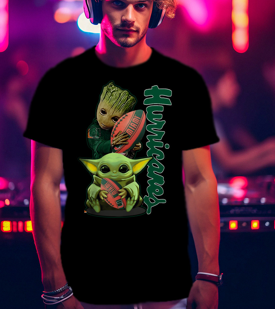 Grzd Miami Hurricanes Baby Yoda Groot Football T-Shirt