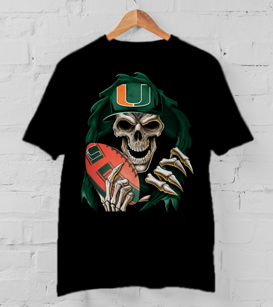 Skullbong Miami Hurricanes Skeleton Holding Football T-Shirt