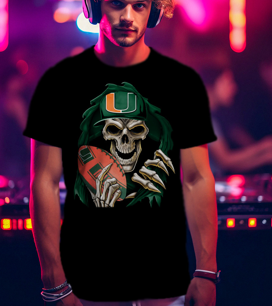 Skullbong Miami Hurricanes Skeleton Holding Football T-Shirt