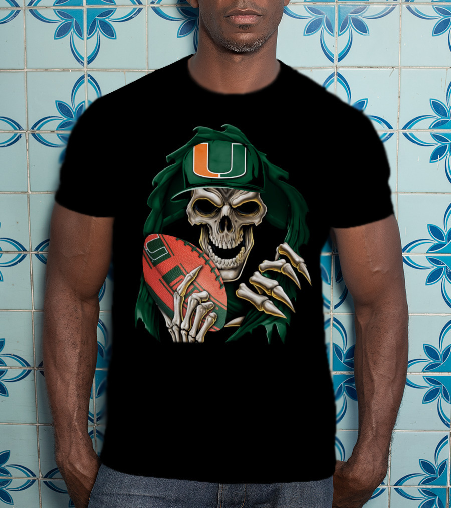 Skullbong Miami Hurricanes Skeleton Holding Football T-Shirt