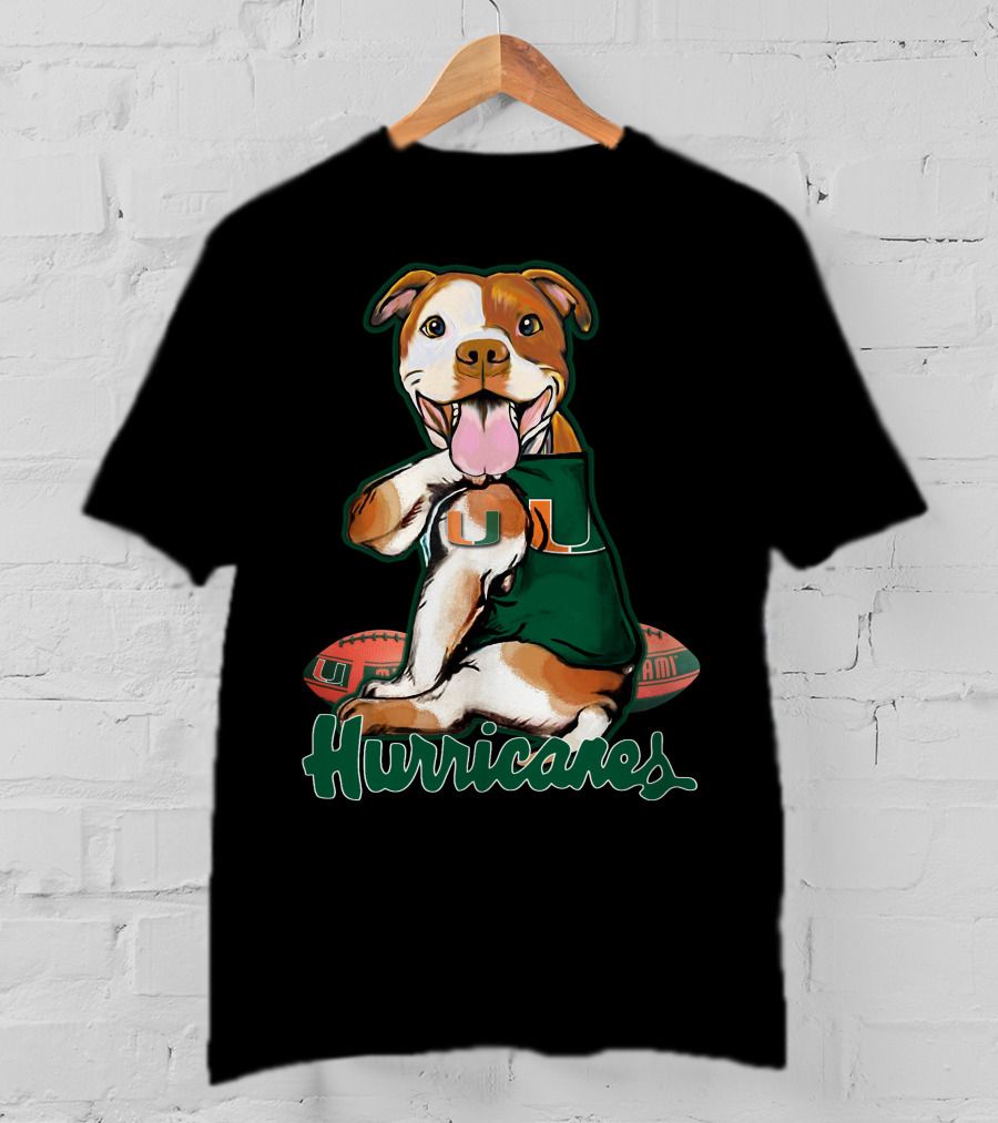 Pittbull Wearing Miami Hurricanes U Jersey With Football T-Shirt