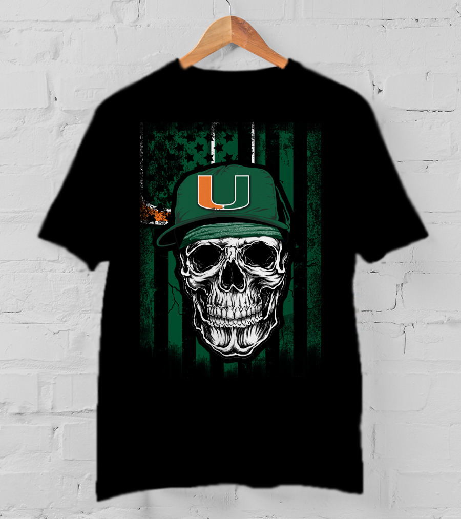 Skull Miami Hurricanes U Logo Cap With Green Stripes T-Shirt
