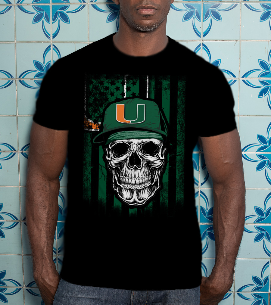 Skull Miami Hurricanes U Logo Cap With Green Stripes T-Shirt