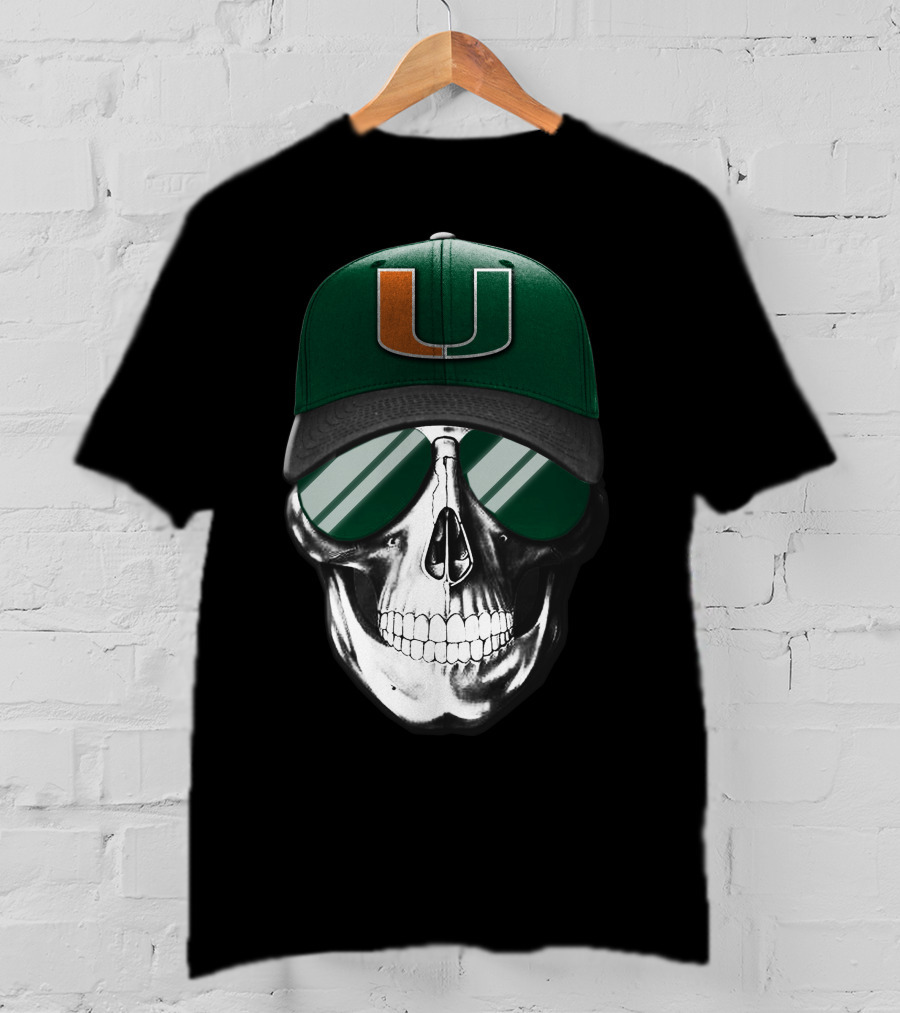 Miami Hurricanes Skull Cap With Reflective Sunglasses T-Shirt