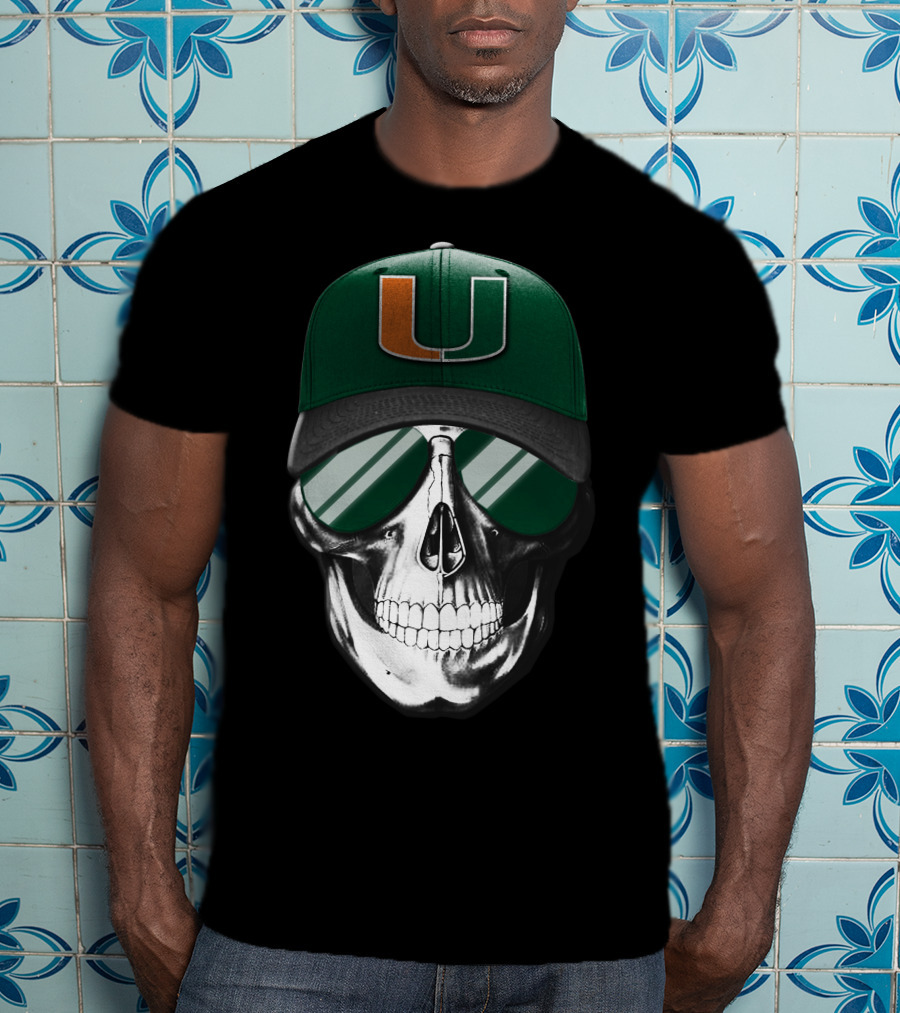 Miami Hurricanes Skull Cap With Reflective Sunglasses T-Shirt