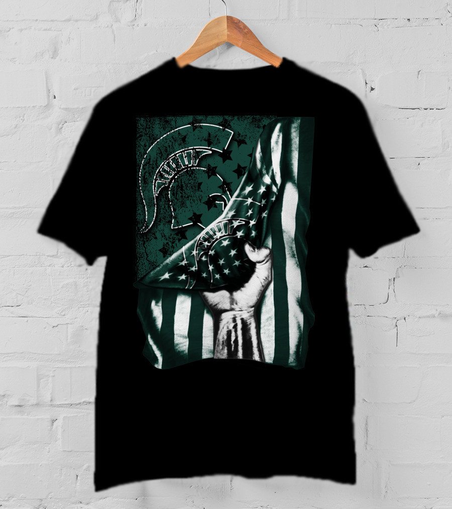 Michigan State Spartans Flag Spartan Helmet Stars Green White T-Shirt