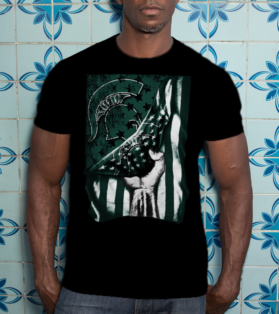 Michigan State Spartans Flag Spartan Helmet Stars Green White T-Shirt