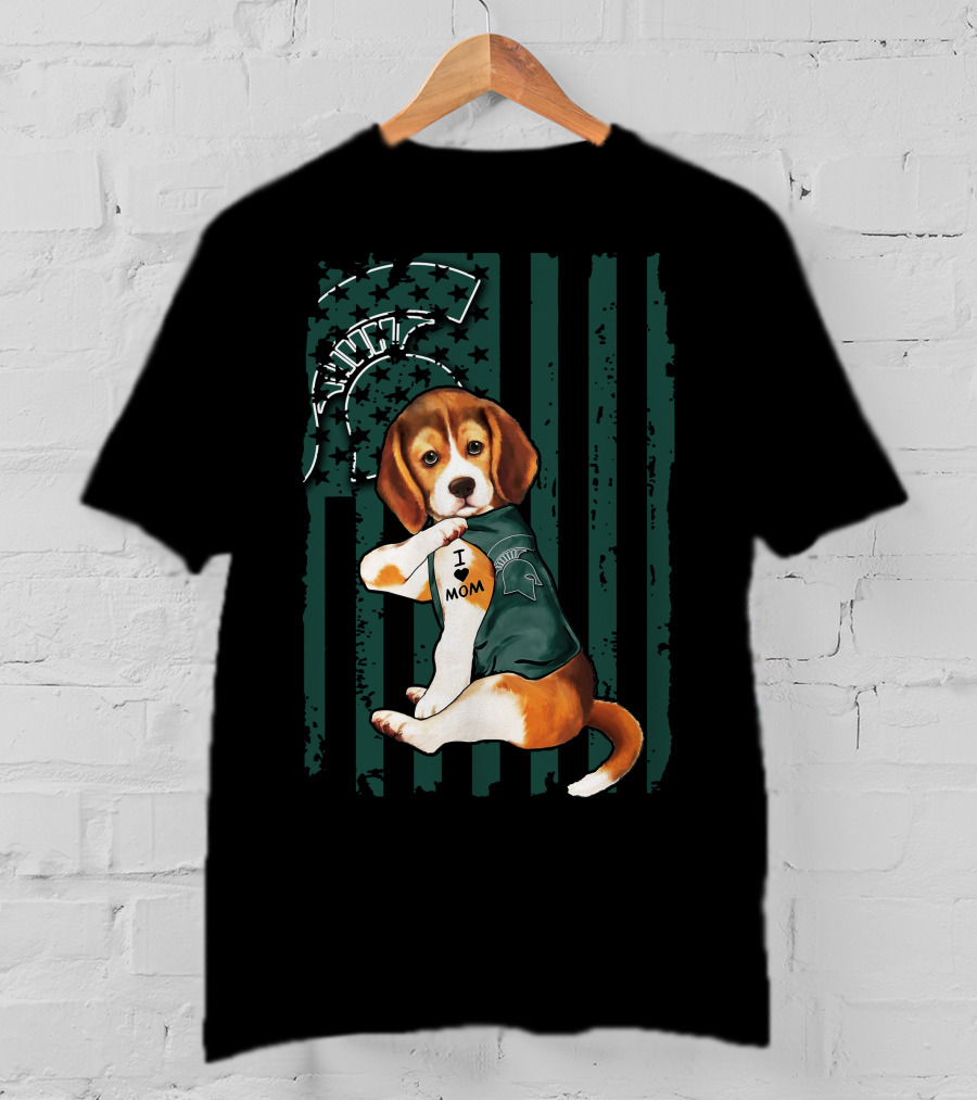Beagle I Love Mom Michigan State Spartans Fan Support With Mascot And Helmet T-Shirt