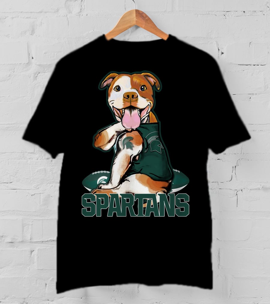 Spartans Pitbull Wearing Michigan State Logo With Football T-Shirt