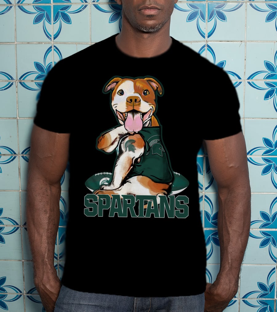 Spartans Pitbull Wearing Michigan State Logo With Football T-Shirt