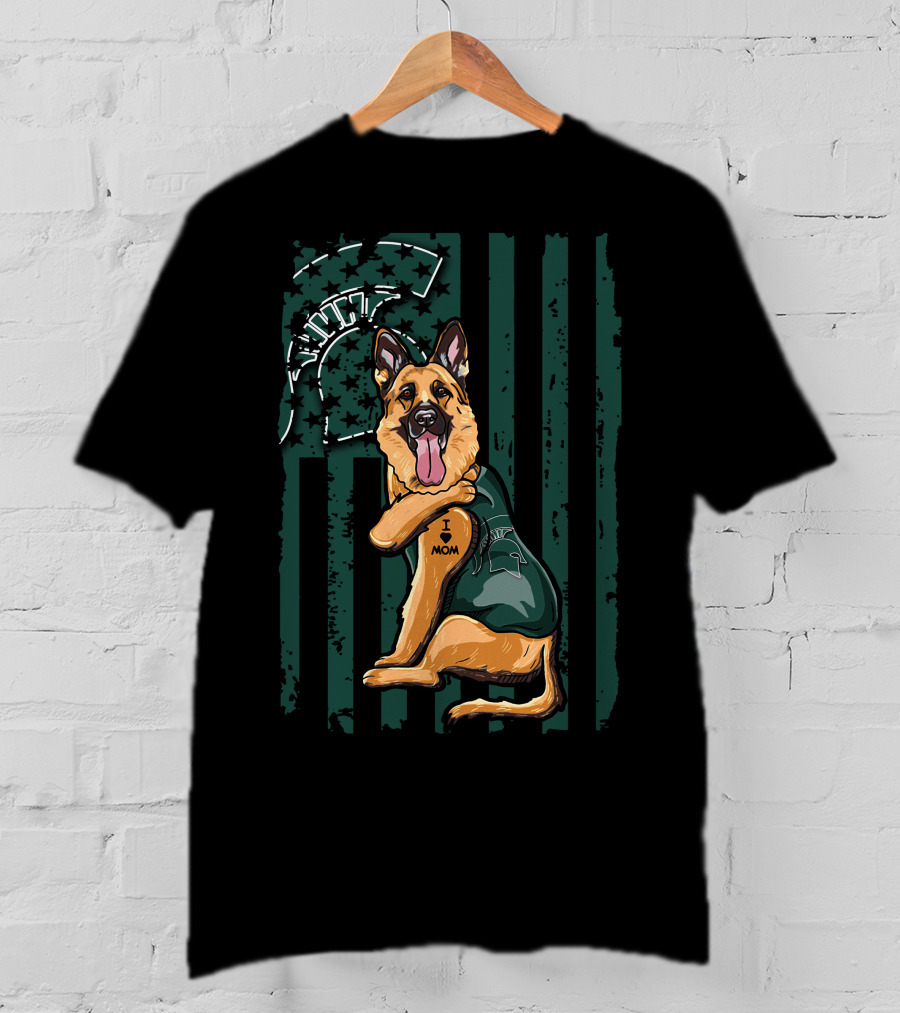 German Shepherd I Love Mom Michigan State Spartans Green And White Stripes T-Shirt