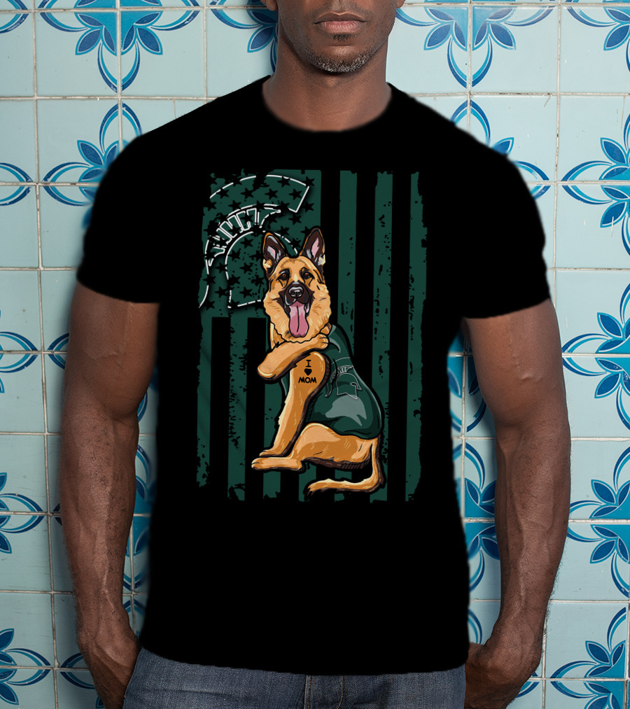 German Shepherd I Love Mom Michigan State Spartans Green And White Stripes T-Shirt