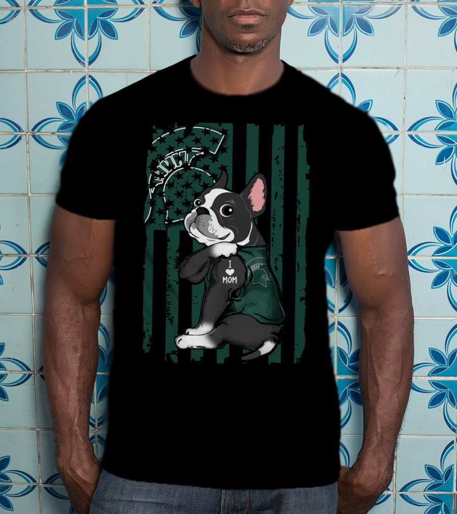 Boston Terrier I Love Mom Michigan State Spartans Paw Prints T-Shirt