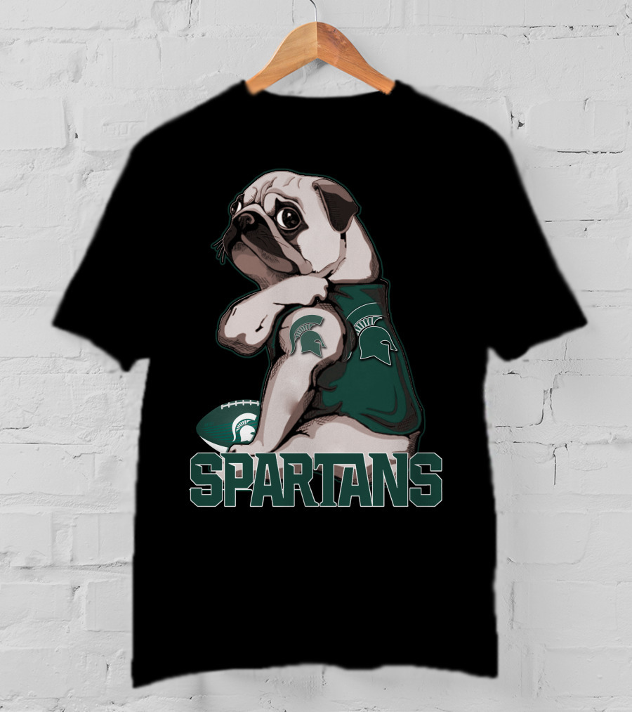 Pug Michigan State Spartans Football Fan With Spartan Helmet T-Shirt