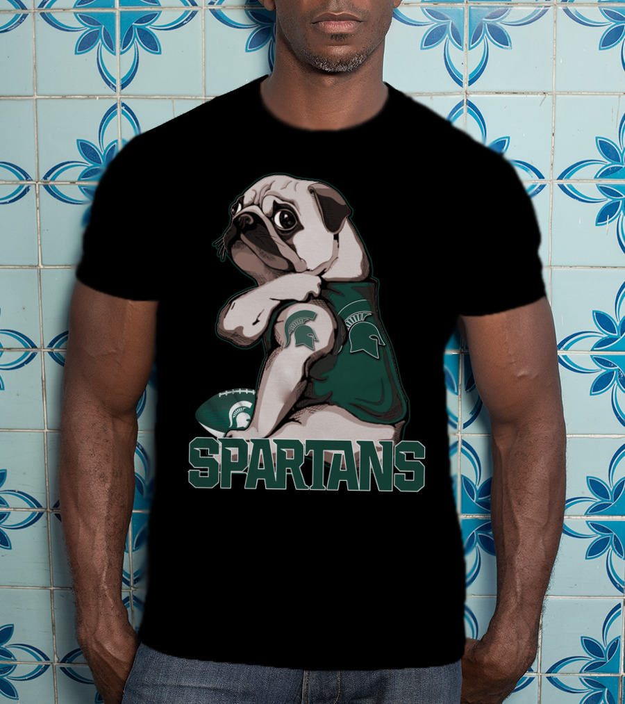 Pug Michigan State Spartans Football Fan With Spartan Helmet T-Shirt
