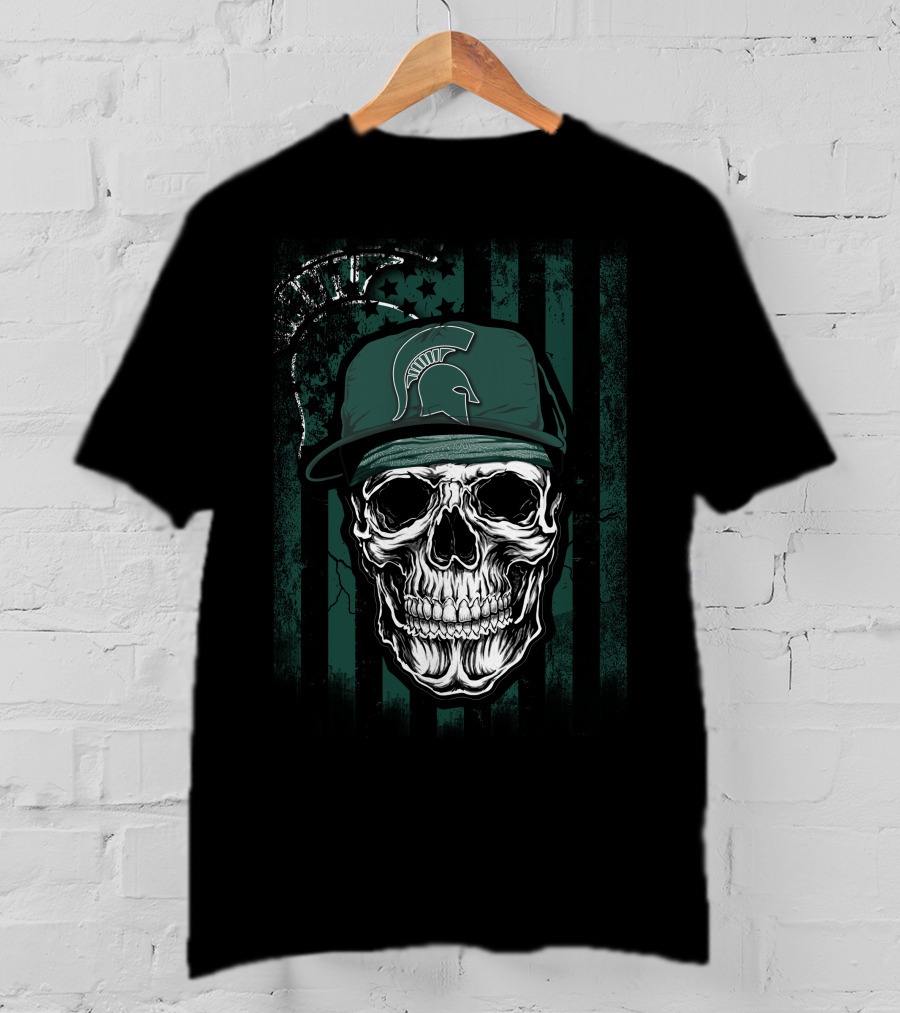 Skull Wearing Michigan State Spartans Cap On Green Stripes With Faded Text T-Shirt