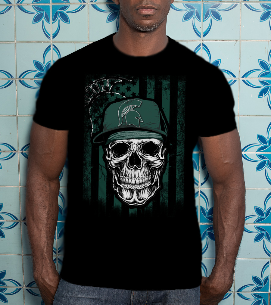 Skull Wearing Michigan State Spartans Cap On Green Stripes With Faded Text T-Shirt