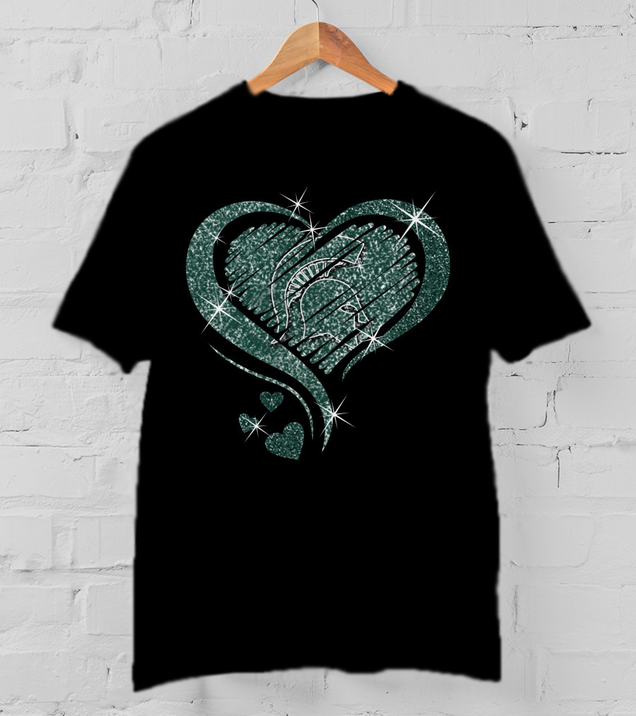 Heart Diamond Glitter Michigan State Spartans Helmet Sparkle T-Shirt