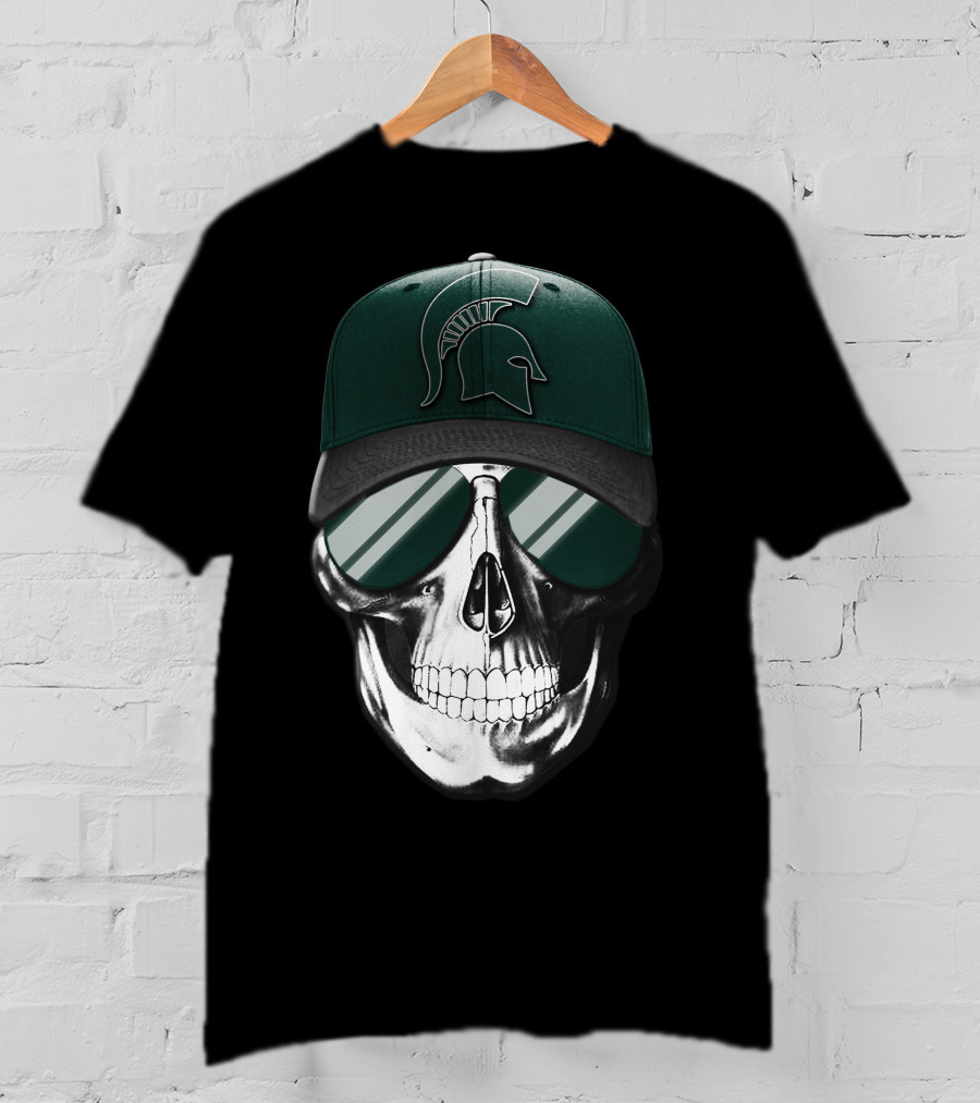 Skull With Hat Featuring Michigan State Spartans Helmet T-Shirt