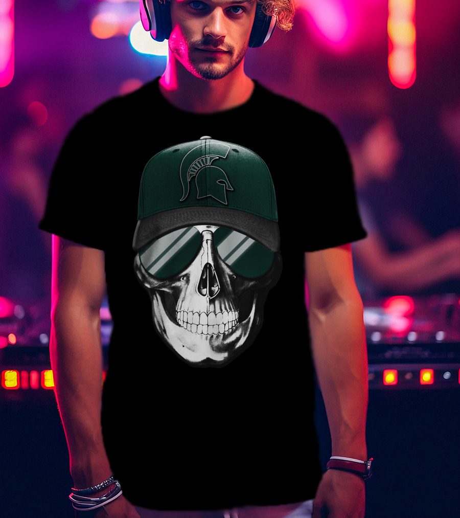 Skull With Hat Featuring Michigan State Spartans Helmet T-Shirt