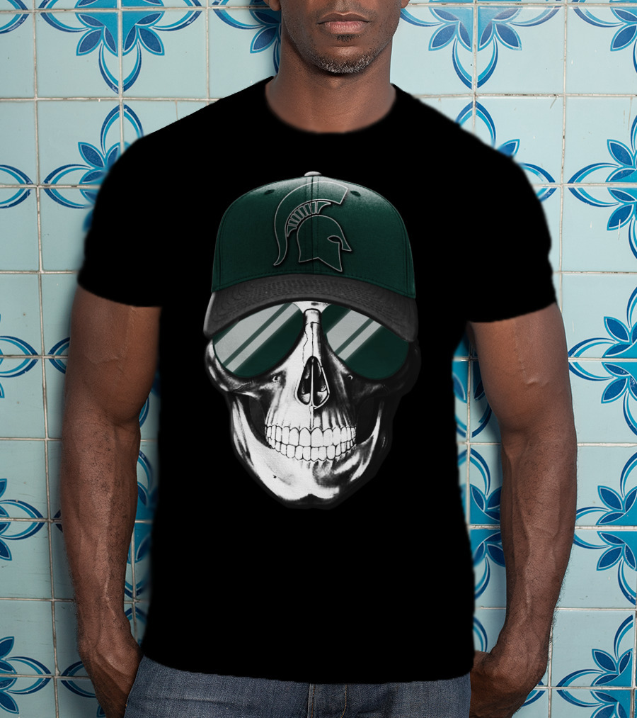 Skull With Hat Featuring Michigan State Spartans Helmet T-Shirt