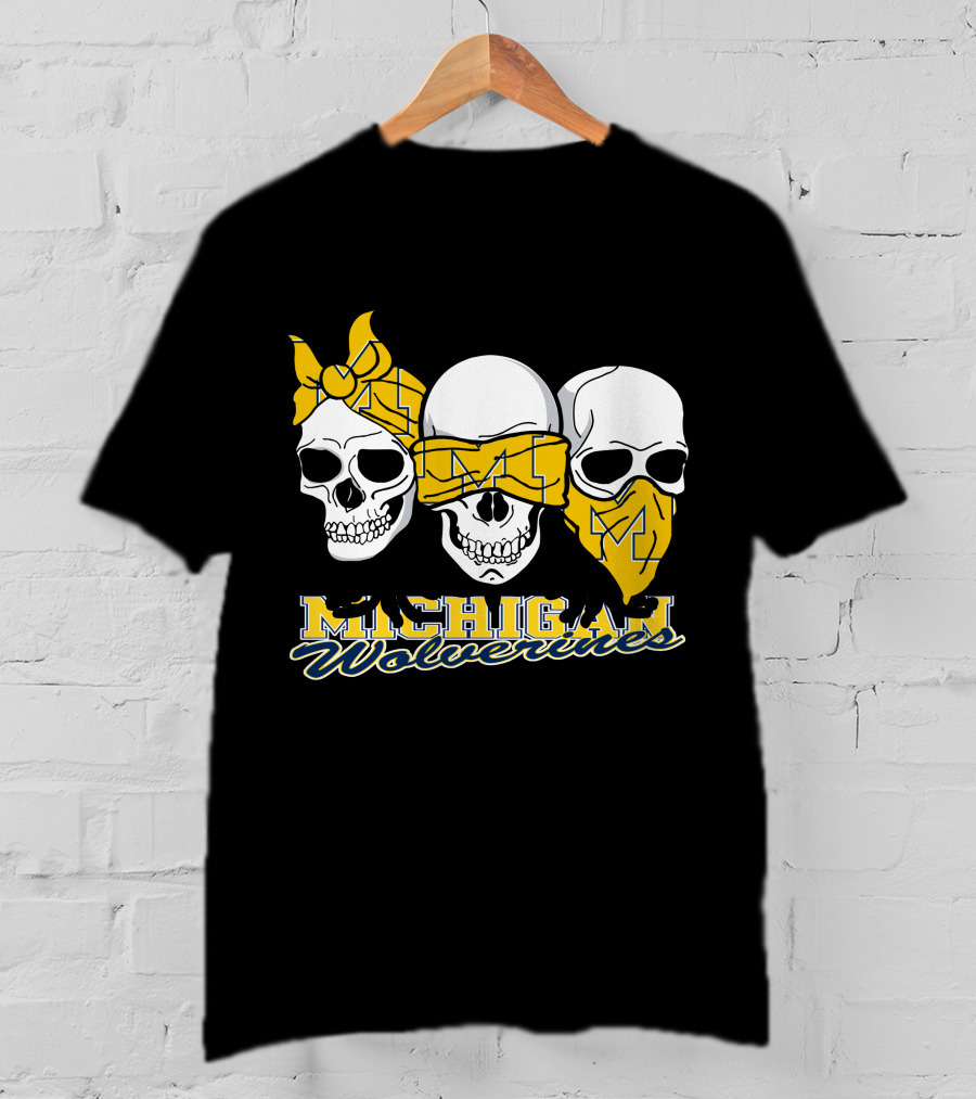 Michigan Wolverines 3 Skulls Bandana T-Shirt